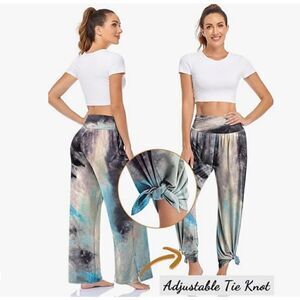 Womens Wide Leg Yoga Pants High Waisted Adjustable Tie Knot Joggers Casual Loose